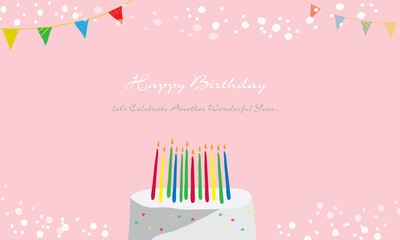 Cute birthday card with cake and candle icon element design for party invitation Light pink background, hand drawn, congratulations. vector illustration.