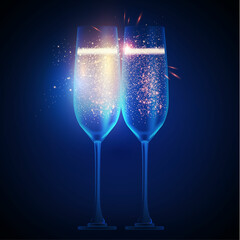 Shining champagne glasses with lights. Holiday background. Birthday, anniversary, weddign and win design.