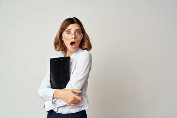 woman in suit official job office success emotions light background