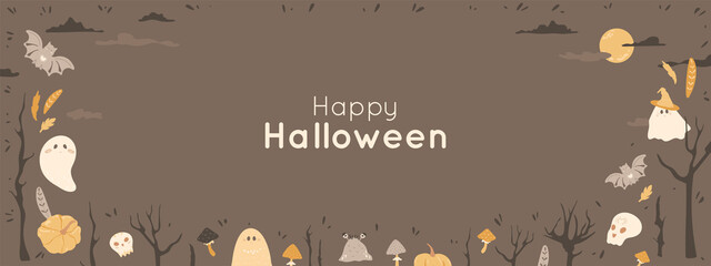 Happy Halloween banner with night forest, ghosts, skull, magical mushrooms, bat. Moon with dark clouds in sky, fall leaves, fly agaric, pumpkins. Long vector illustration with copy space.
