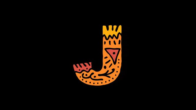 Letter J. 4K, Transparent Alpha channel. Cartoon Animation, Shake twitch effect. Ethnic ornament, national folk pattern in letter. 3 colors. Capital Letter J for ABC education, erudition, game.