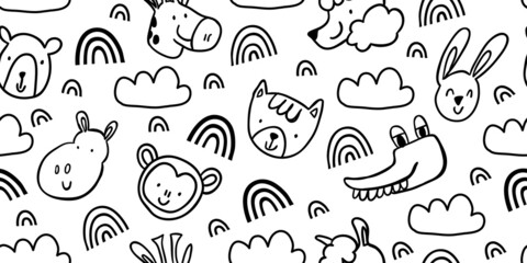 Vector seamless pattern with cute animal faces - bear, crocodile, giraffe, lama, hippo, monkey, cat, rabbit black and white with rainbows, clouds. childish seamless pattern for boys and girls