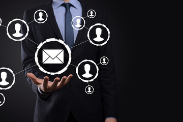 Email and user icon,sign,symbol marketing or newsletter concept, diagram.Sending email.Bulk mail.Email and sms marketing concept. Scheme of direct sales in business. List of clients for mailing.