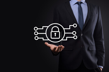 Cyber security network. Padlock icon and internet technology networking. Businessman protecting data personal information on tablet and virtual interface. Data protection privacy concept. GDPR. EU