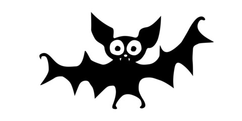 Cute vampire bat drawn in cartoon flat style. Vector black silhouette illustration isolated on white background. For halloween design, greeting card