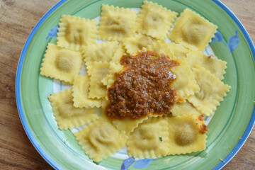 ravioli with tomato sauce top view
