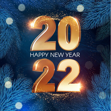 Happy new 2022 year Elegant gold text withfir tree branches and light. Minimal text template.