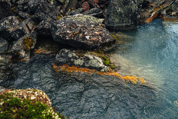 Scenic nature background of turquoise clear water stream among rocks with mosses and lichens. Atmospheric mountain landscape with mossy stones in transparent mountain creek. Beautiful mountain stream.
