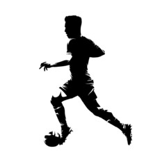 Soccer player running with ball, footballer isolated vector silhouette, football player, side view