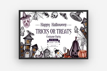 happy Halloween background with horror symbols pumpkin bones skull Halloween background