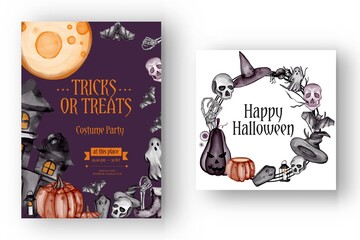 happy Halloween background, and party invitation flyer template with horror symbols pumpkin bones skull Halloween background