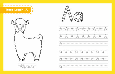 Trace letter A uppercase and lowercase. Alphabet tracing practice preschool worksheet for kids learning English with cute cartoon animal. Coloring book for Pre K, kindergarten. Vector illustration