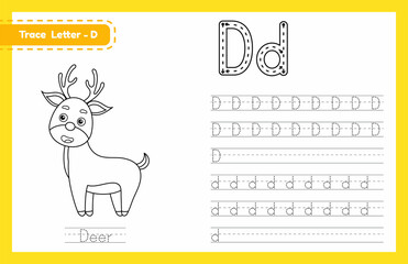 Trace letter D uppercase and lowercase. Alphabet tracing practice preschool worksheet for kids learning English with cute cartoon animal. Coloring book for Pre K, kindergarten. Vector illustration
