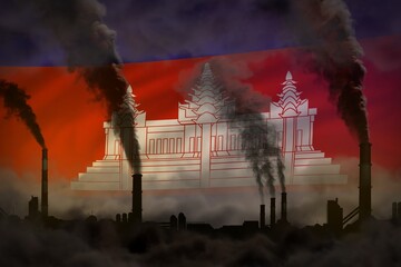 Global warming concept - dense smoke from factory chimneys on Cambodia flag background with space for your content - industrial 3D illustration