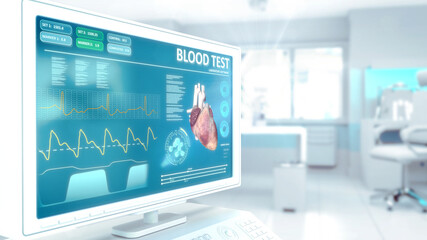 blood test on monitor in hi-tech clinic room . design industrial 3D rendering