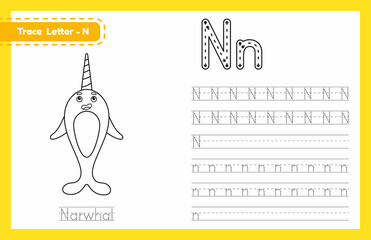 Trace letter N uppercase and lowercase. Alphabet tracing practice preschool worksheet for kids learning English with cute cartoon animal. Coloring book for Pre K, kindergarten. Vector illustration