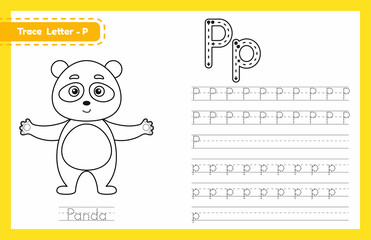 Trace letter P uppercase and lowercase. Alphabet tracing practice preschool worksheet for kids learning English with cute cartoon animal. Coloring book for Pre K, kindergarten. Vector illustration