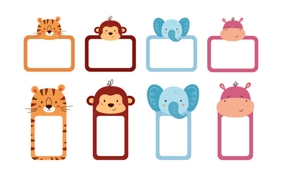 Set of cute photo frames and note paper decorated animal heads. Cute animals sheet templates for diary, timetable, memo. Box with space for text. Vector illustrations isolated on white background.