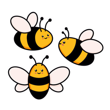 Cute set of bees vector illustration in doodle style. Colorful collection of bumblebees kids drawing for icon and logo design in yellow and black colors isolated on white background