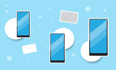 ฺBack mobile phone, light blue background, convenient email communication concept, vector graphics.