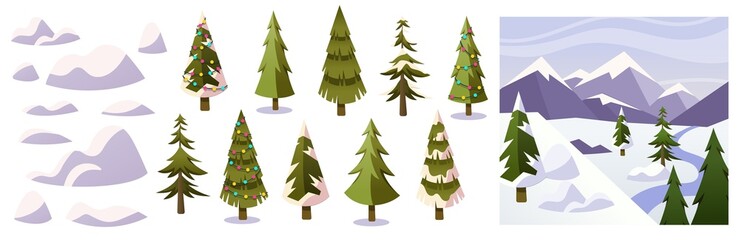 Christmas trees illustration with snow and lights. Set icon vector isolated on white background. New year decorations. 