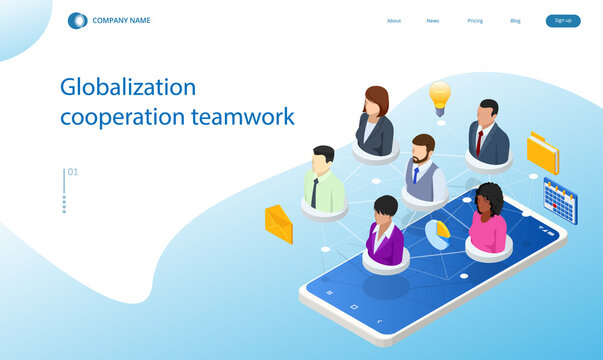 Isometric Business And Networking Concept Social, Business Network. Globalization Cooperation Teamwork. Business People Worldwide Connected Interacting Through Social Media Technology World Wide Web