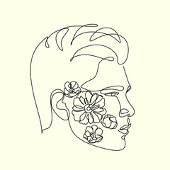 One line man with flowers . Hand drawn portrait men in minimalistic style. Beauty logo. Simple design. Continuous line drawing.