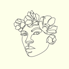 Abstract woman head with flowers line vector drawing. Flower Head One Line Art. Modern Gallery Wall. Botanical face vector. Minimal logo with girl magnolia. Florist Bauty salon minimalist logo