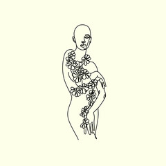 Abstract one line nude sexy woman body with flowers monstera vector. Spa salon logo. Botanical minimal wall print. Modern poster