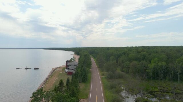 Aerial view of a road next to Lake Superior, highway scenic drive, Madeline island wisconsin