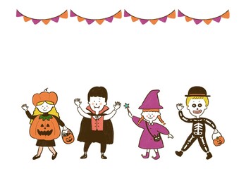 ハロウィン フレーム 仮装する子供達 手描きイラスト