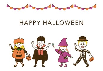 ハロウィン 仮装する子供達 手描きイラスト