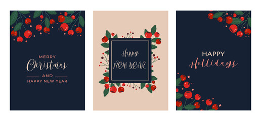 Naklejka premium Set of Merry Christmas greeting cards in traditional colors,vertical banners, flyers,invitations. Happy Holidays, Happy New Year, cards with winter objects, christmas florals and hand drawn lettering.