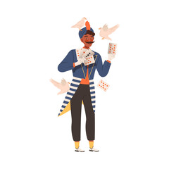 Magician performing with pigeons and playing cards at circus show cartoon vector illustration