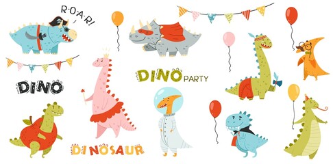 Obraz na płótnie Canvas Cute dinosaurs in carnival costumes set. Adorable animals dressed for masquerade party cartoon vector illustration