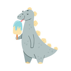 Cute dinosaur eating ice cream. Kids t-shirt print, books, stickers, posters design vector illustration