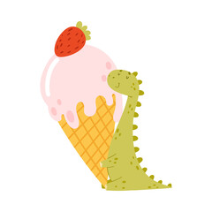 Cute dinosaur eating huge ice cream. Kids t-shirt print, books, stickers, posters design vector illustration