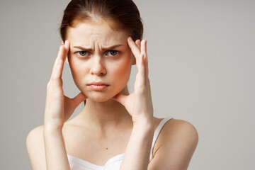 woman headache health problems stress isolated background