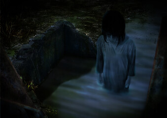 暗い水の中から出てくる女性の幽霊の青色のイラスト