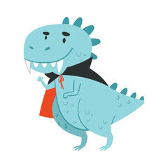 Cute comic dinosaur in vampire costume. Adorable animal dressed for carnival or masquerade party cartoon vector illustration