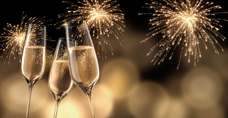 New year composition with champagne glasses and fireworks - 3D illustration © peterschreiber.media
