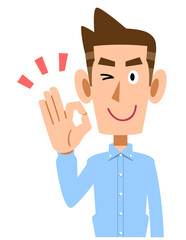 手でOKマークを作る水色のシャツを着た男性
