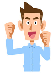 ガッツポーズする水色のシャツを着た男性
