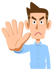 手で制止する水色のシャツを着た男性
