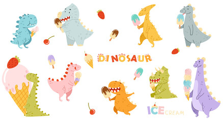 Cute comic dinosaurs eating ice cream set. Kids t-shirt print, books, stickers, posters design vector illustration
