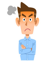 怒りの表情の水色のシャツを着た男性
