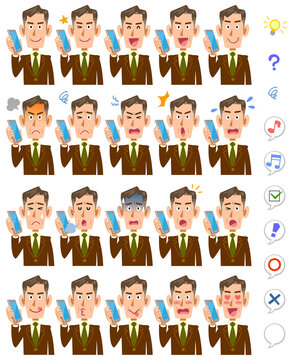 スマートフォンで会話する管理職のビジネスマンの20種類の表情と上半身
