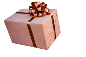 White gift box with red ribbon bow, isolated on white