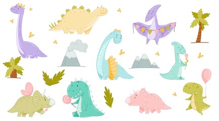 Cute adorable dinosaurs set. Lovely dino for nursery, t-shirt, book, print, poster design cartoon vector illustration