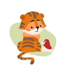 Isolated vector illustration of a cartoon tiger cub with a New Year's hat - a symbol of the new year. An image in a fun flat style for print and digital use.